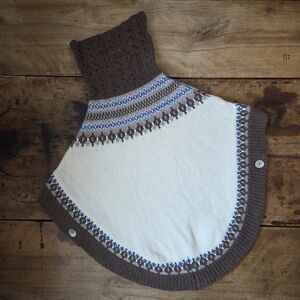 Munrospun Pure Lambswool Poncho – Size S – Cream, Brown, Wedgewood Blue